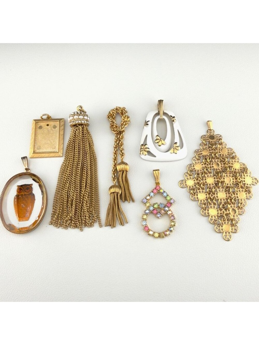 Vintage Pendant Lot Gold Tone Enamel Tassel Glass Owl Rhinestone